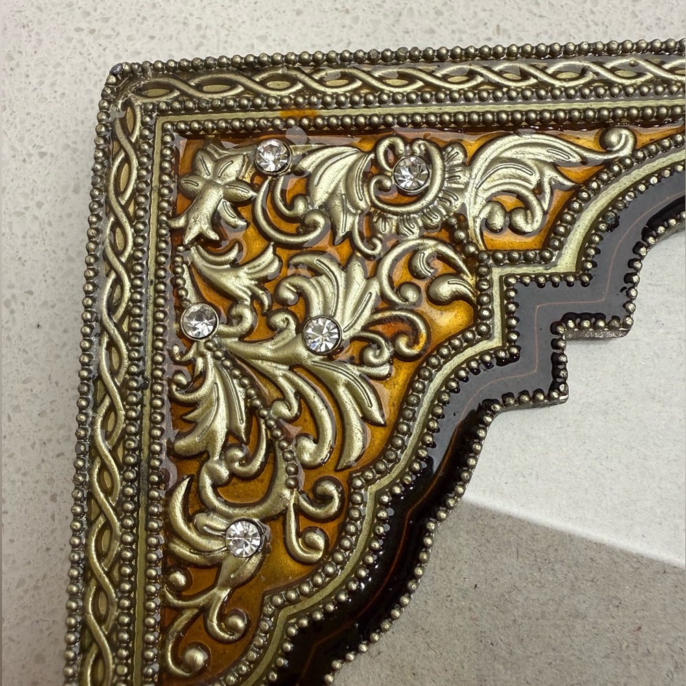 Ornate Black Tan Gold Tone Enamel Floral Rhinestones Frame Heavy - Picture 10 of 15